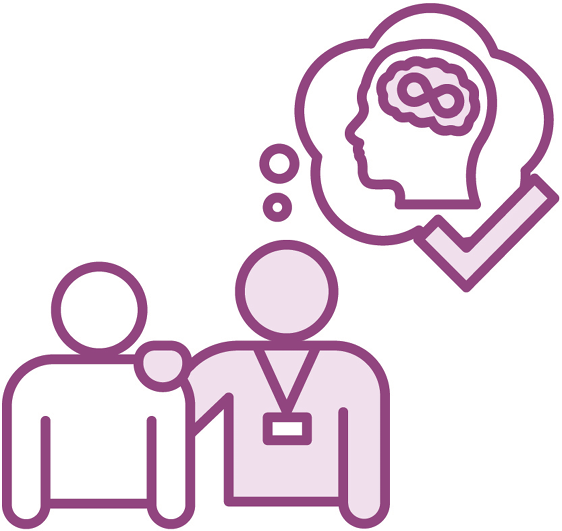 A worker supporting someone, with a thought bubble showing a head with the brain highlighted and an infinity sign. There is a tick on it.