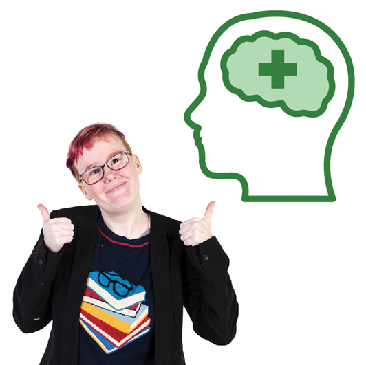 An Autistic person giving two thumbs up. Next to them there is a head with the brain highlight and a plus on the brain.