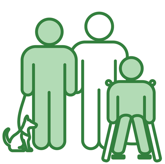 Three people together. One has a guide dog, and another is using a mobility aid.