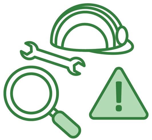 A group of icons. the first is a tool and a hard hat. The second is a magnifying glass. The third is a problem icon.