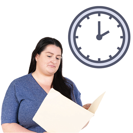 A person is reading a document, above her is a clock