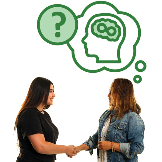 A person shaking hands with an employer. The employer has a thought bubble showing an Autism icon and a question mark.