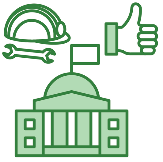 A government building. Above it is a tool and a hard hat, and a thumbs up.