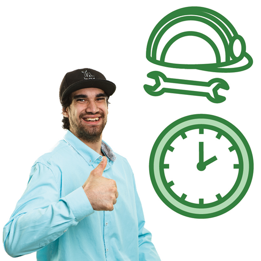 A person giving a thumbs up and a big smile. Next to him is a tool and a hard hat, and a clock.